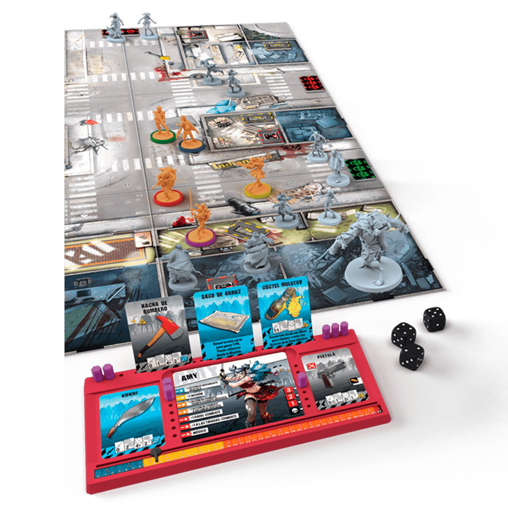 Tablero de juego Zombicide Segunda Edición con miniaturas y dados para supervivencia zombi