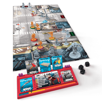 Tablero de juego Zombicide Segunda Edición con miniaturas y dados para supervivencia zombi