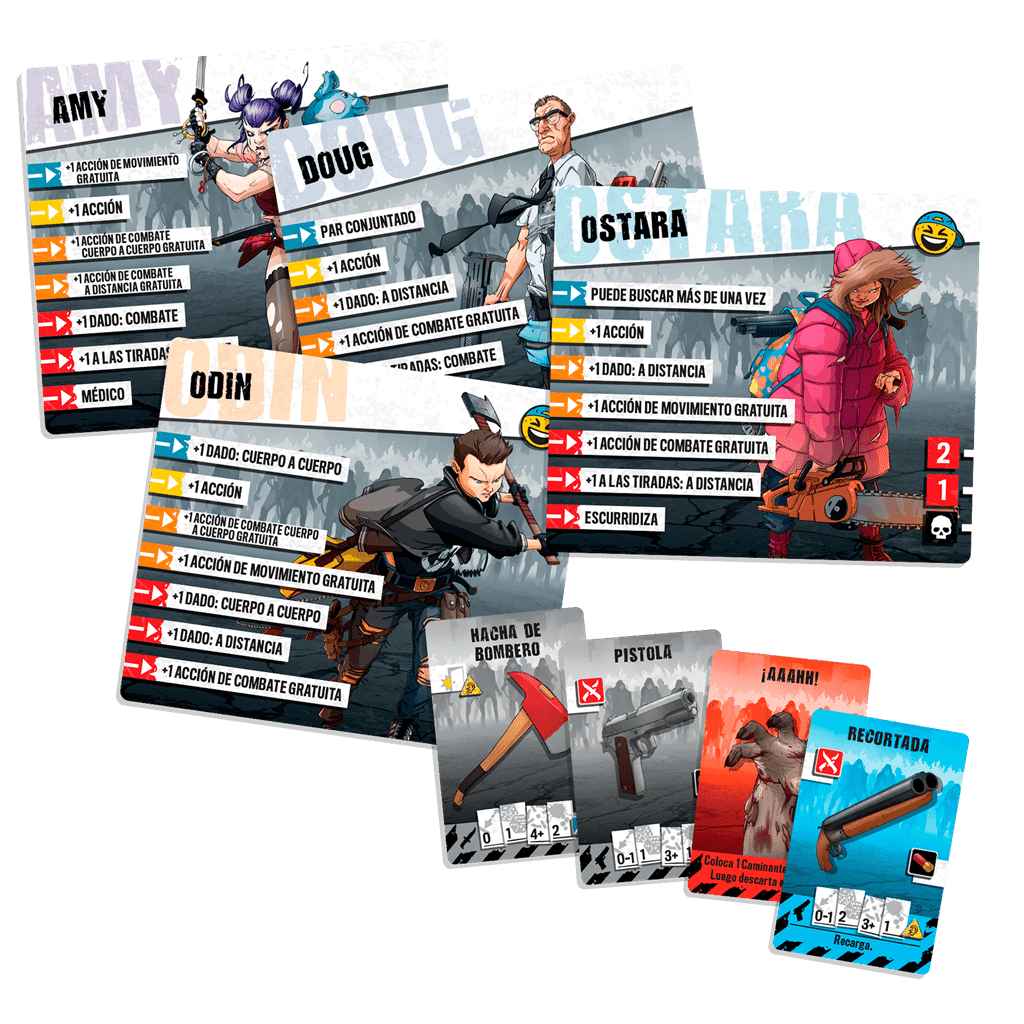 Cartas de personajes y objetos Zombicide Segunda Edición con habilidades en español