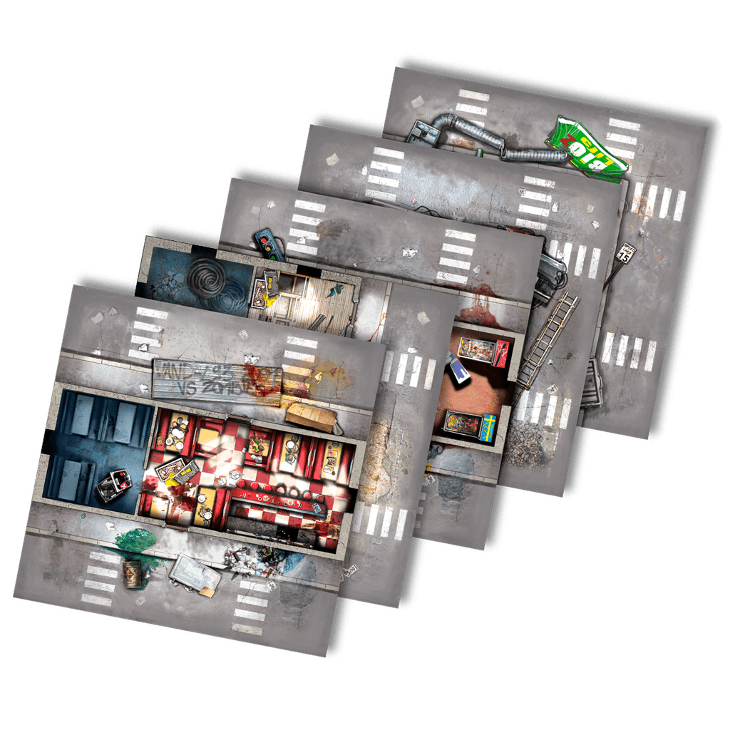 Tableros de escenario postapocalíptico Zombicide Segunda Edición con calles y edificios