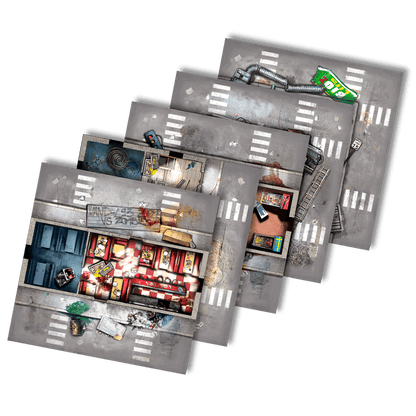 Tableros de escenario postapocalíptico Zombicide Segunda Edición con calles y edificios