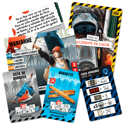 Cartas de personaje, equipo y evento de la expansión de campaña Zombicide PariZ
