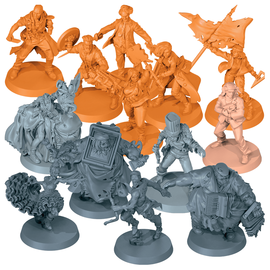 Miniaturas sin pintar de supervivientes y zombis parisinos para juego de mesa Zombicide