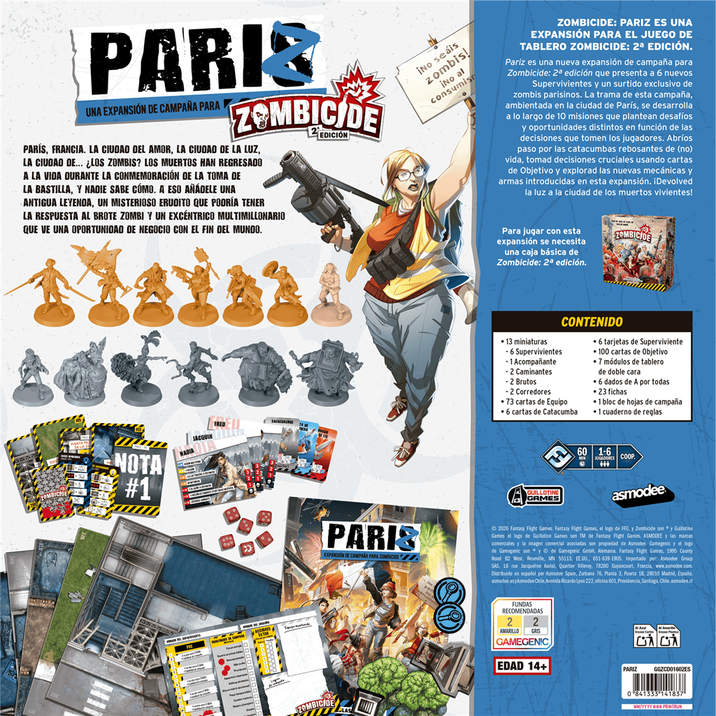 Panel trasero de caja mostrando contenido de miniaturas, cartas y dados de Zombicide PariZ