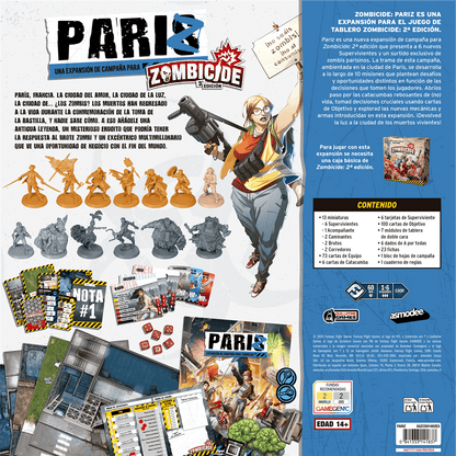 Panel trasero de caja mostrando contenido de miniaturas, cartas y dados de Zombicide PariZ
