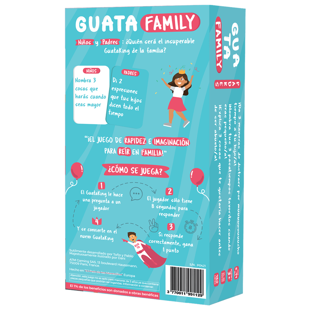 Guatafamily juego de mesa familiar vista trasera con instrucciones y categorías para padres e hijos