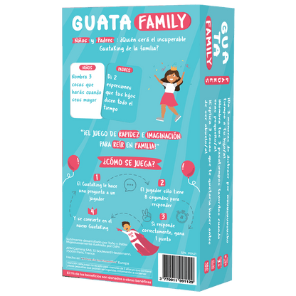 Guatafamily juego de mesa familiar vista trasera con instrucciones y categorías para padres e hijos