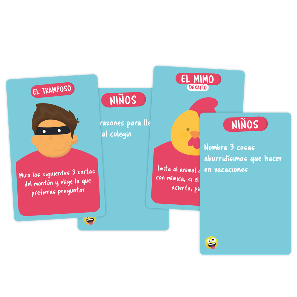 Cartas del juego Guatafamily mostrando retos El Tramposo y El Mimo para niños y adultos