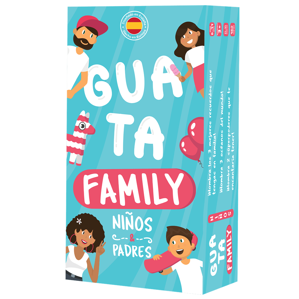 Caja frontal Guatafamily juego de mesa rápido diseñado en España para familias desde 8 años