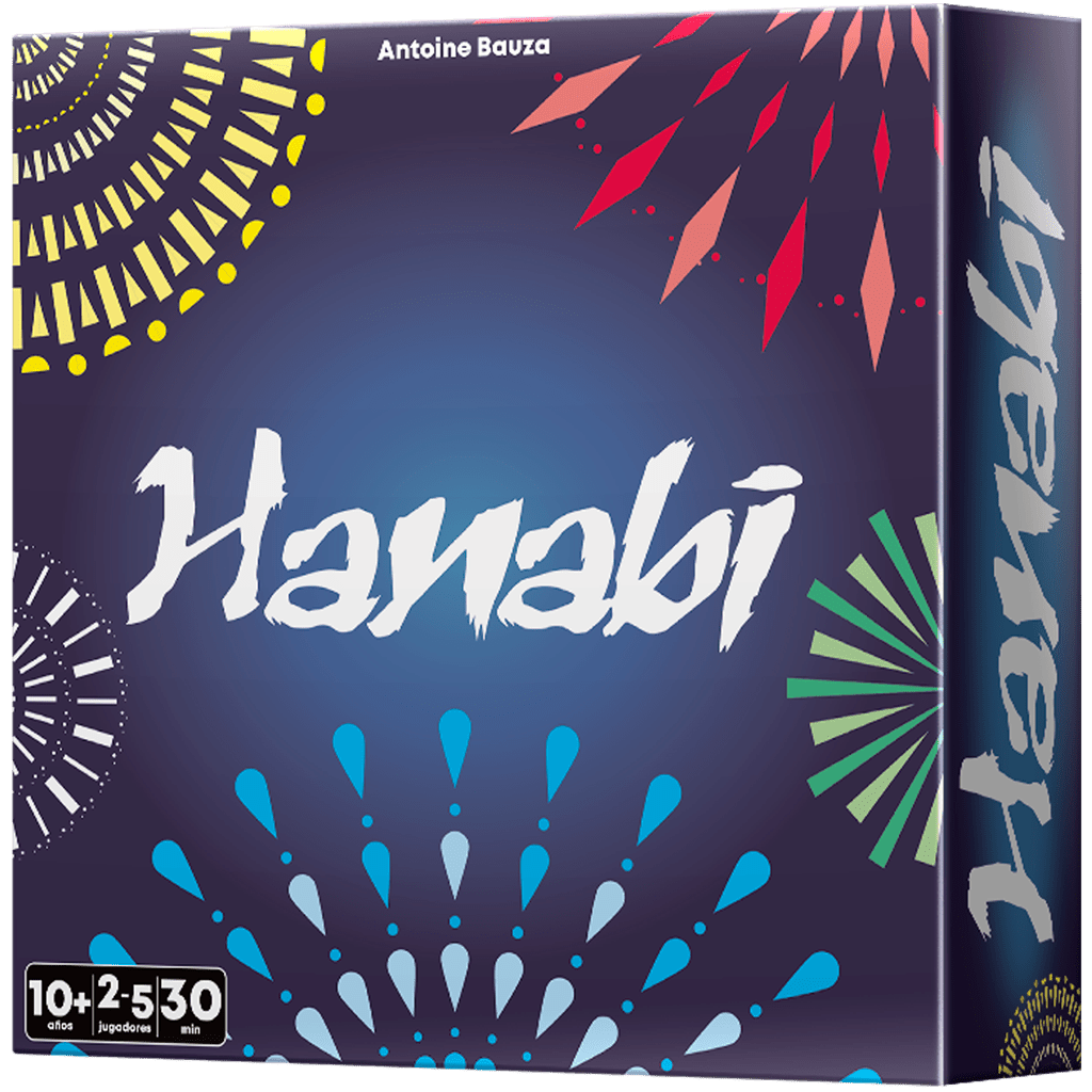 Caja del juego de cartas cooperativo Hanabi con ilustración de fuegos artificiales
