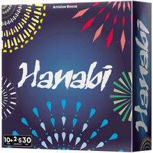 Caja del juego de cartas cooperativo Hanabi con ilustración de fuegos artificiales
