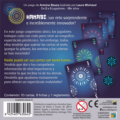 Dorso caja juego Hanabi con reglas, contenido y fichas circulares