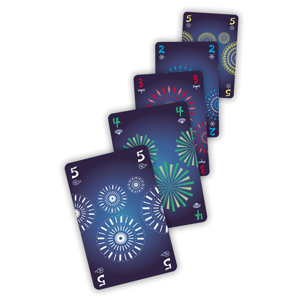 Cartas del juego Hanabi mostrando números y símbolos de fuegos artificiales en colores