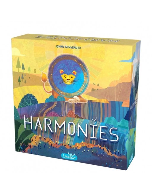 Caja del juego de mesa Harmonies con arte de paisaje colorido y ficha de león azul