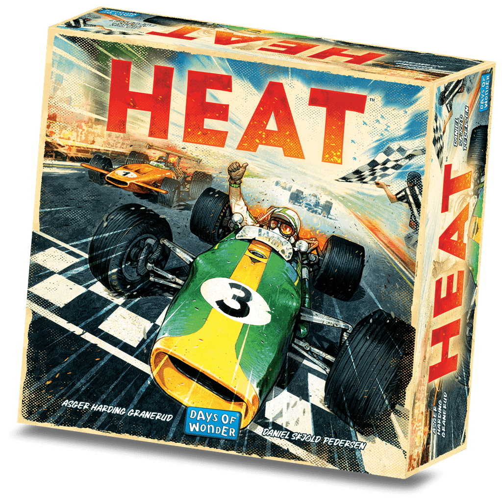 Caja del juego de mesa Heat con coche clásico verde y amarillo cruzando meta y título en rojo