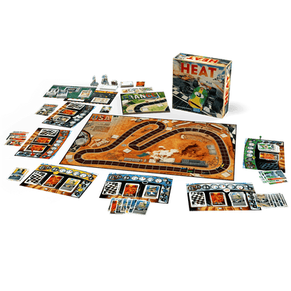Juego de mesa Heat con tablero de circuito, cartas, fichas y componentes para carrera de coches retro