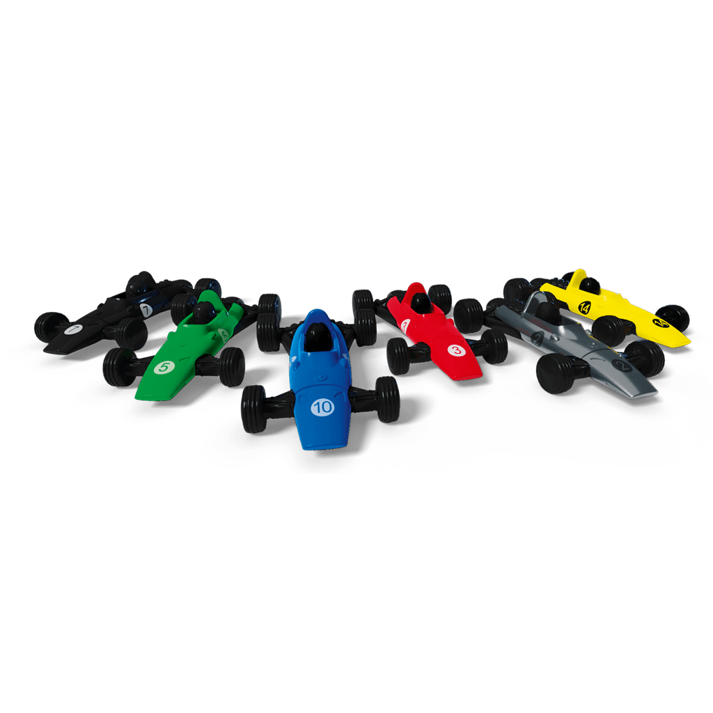 Coches de carreras clásicos del juego Heat en colores negro, verde, azul, rojo, amarillo y gris metálico