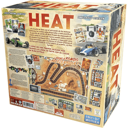 Dorso de la caja del juego Heat con detalles de contenido, edad recomendada 10+ y logotipo Days of Wonder