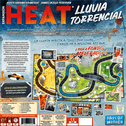 Parte trasera caja Heat Lluvia Torrencial mostrando contenido y requisitos