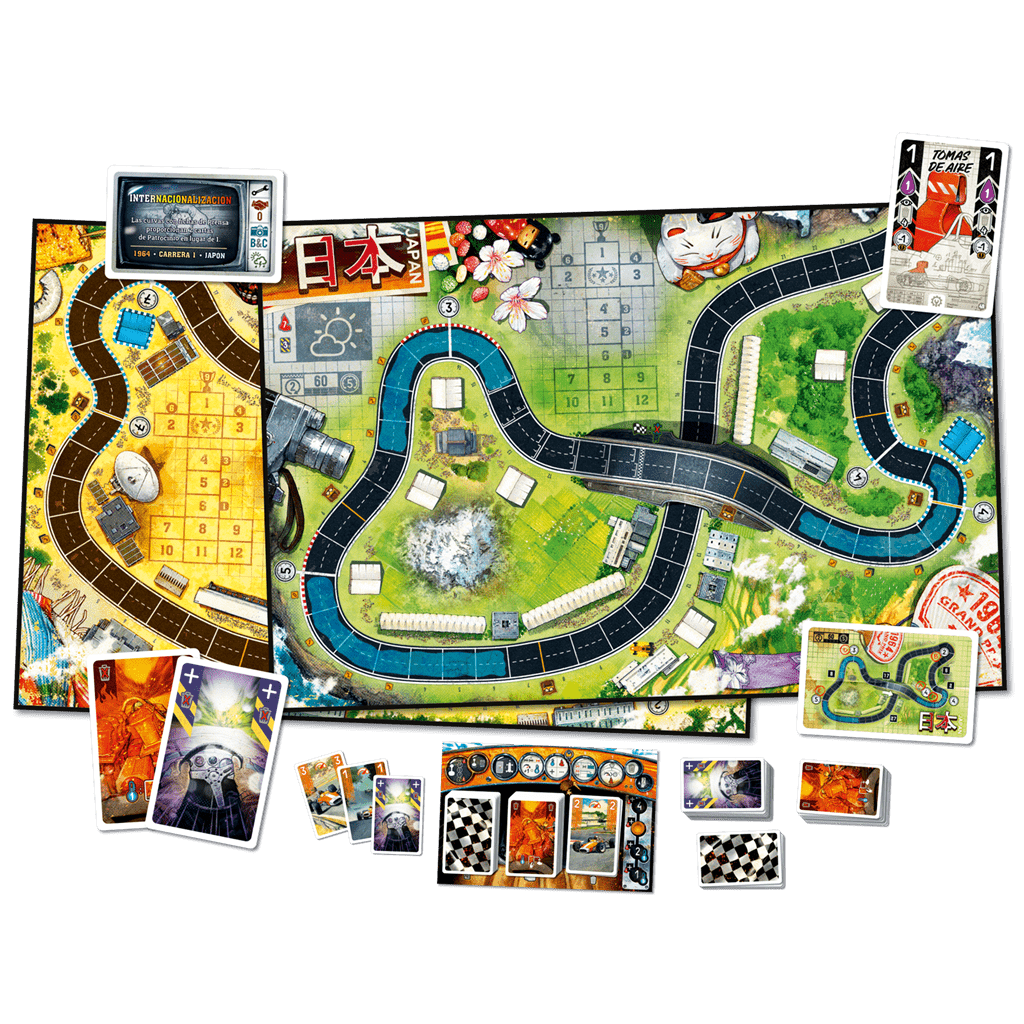 Componentes del juego Heat Lluvia Torrencial con tableros de circuito y cartas