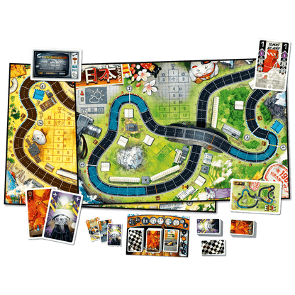 Componentes del juego Heat Lluvia Torrencial con tableros de circuito y cartas