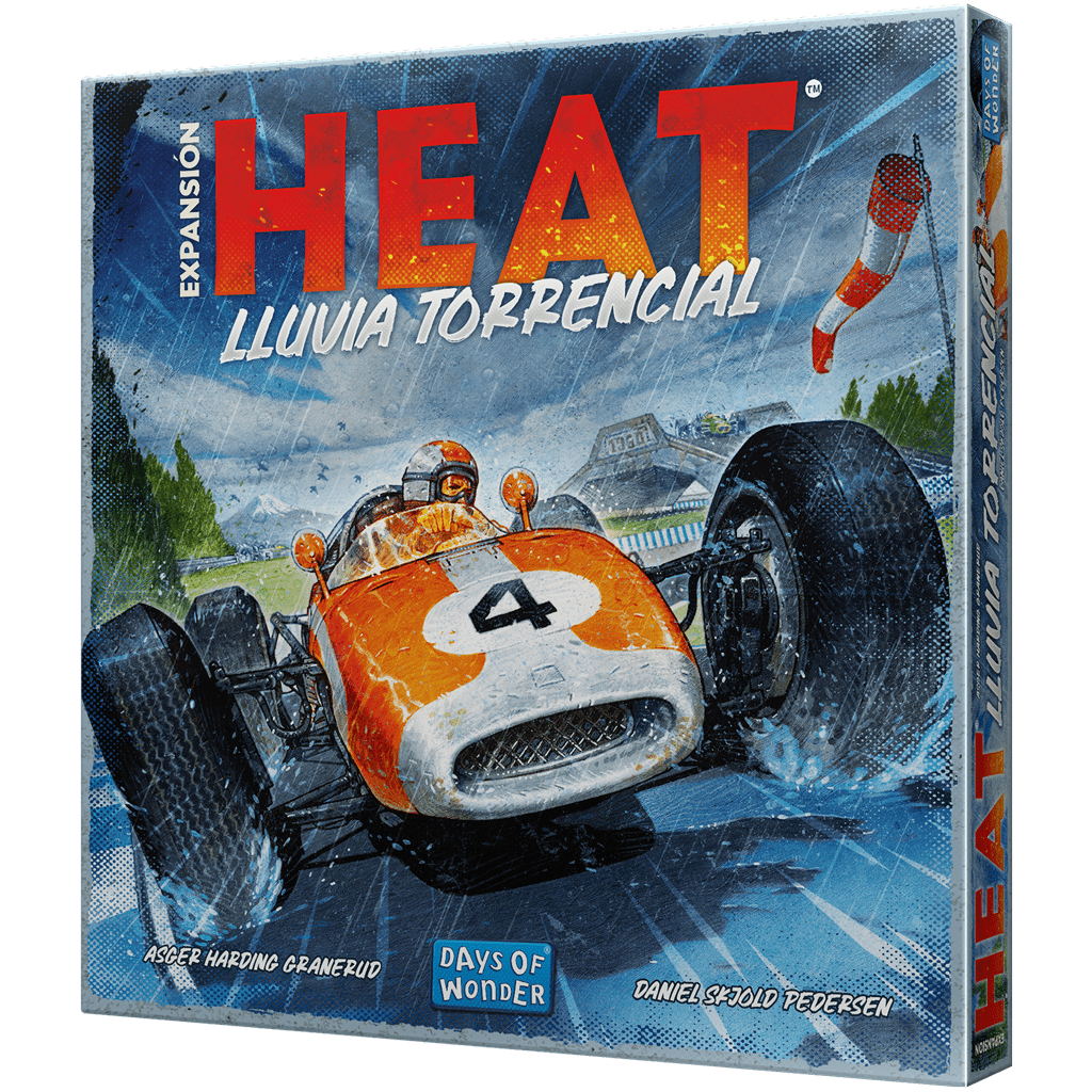 Caja de Heat: Lluvia Torrencial, expansión de juego de mesa con ilustración de coche naranja bajo lluvia
