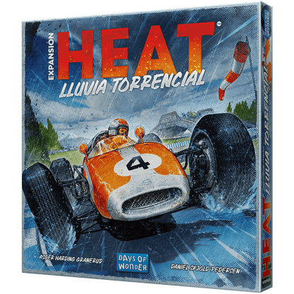 Caja de Heat: Lluvia Torrencial, expansión de juego de mesa con ilustración de coche naranja bajo lluvia