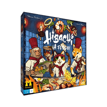 Caja del juego de mesa Hibachi: ¡A fuego! con ilustración de chefs animales