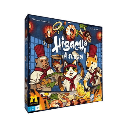 Caja del juego de mesa Hibachi: ¡A fuego! con ilustración de chefs animales