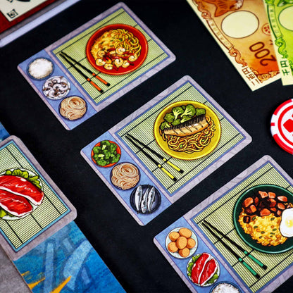 Cartas de platos y ingredientes del juego de mesa Hibachi: ¡A fuego!