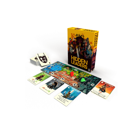 Juego de mesa Hidden Leaders con tablero, fichas y cartas sobre fondo blanco