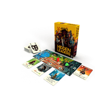 Juego de mesa Hidden Leaders con tablero, fichas y cartas sobre fondo blanco