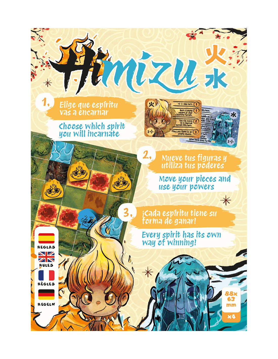 Himizu caja juego de mesa portada personajes fuego y agua instrucciones