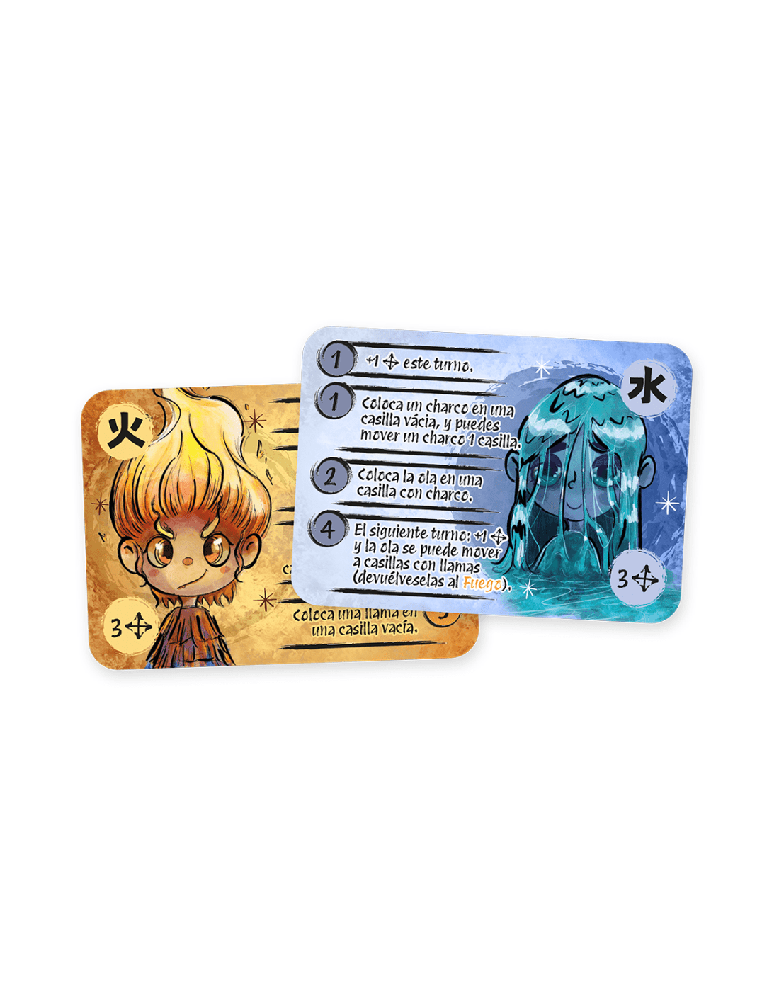 Himizu cartas de juego símbolo fuego y agua con ilustraciones