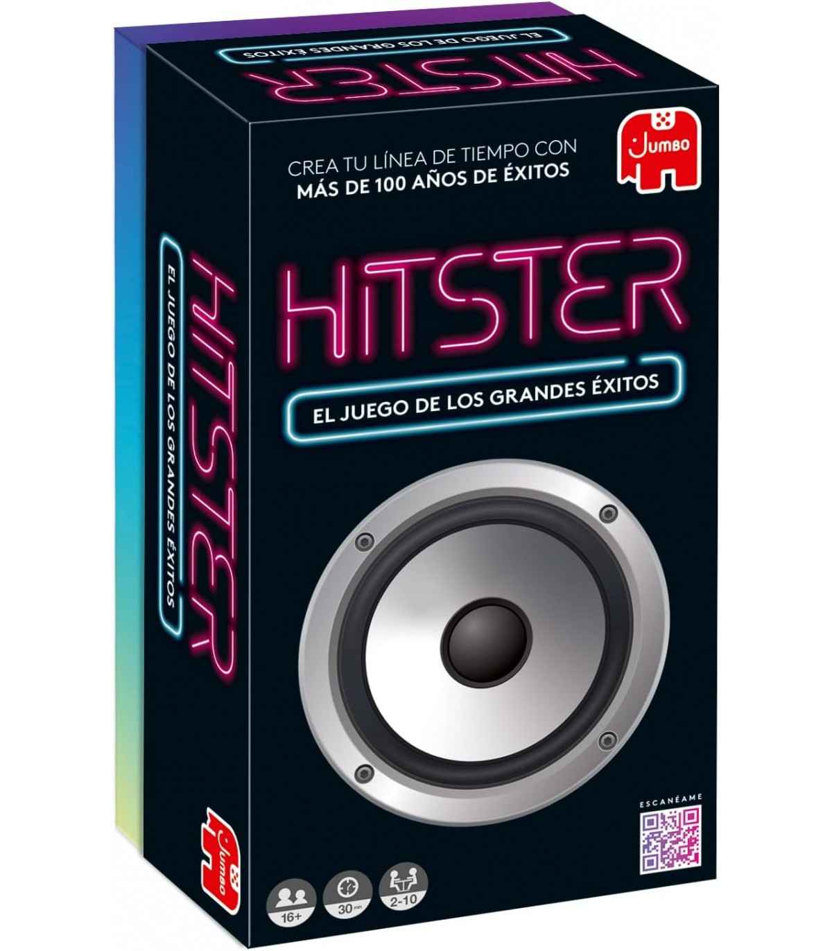 Caja del juego de mesa Hitster con diseño neón rosa y azul, incluye altavoz metálico y código QR para escanear canciones