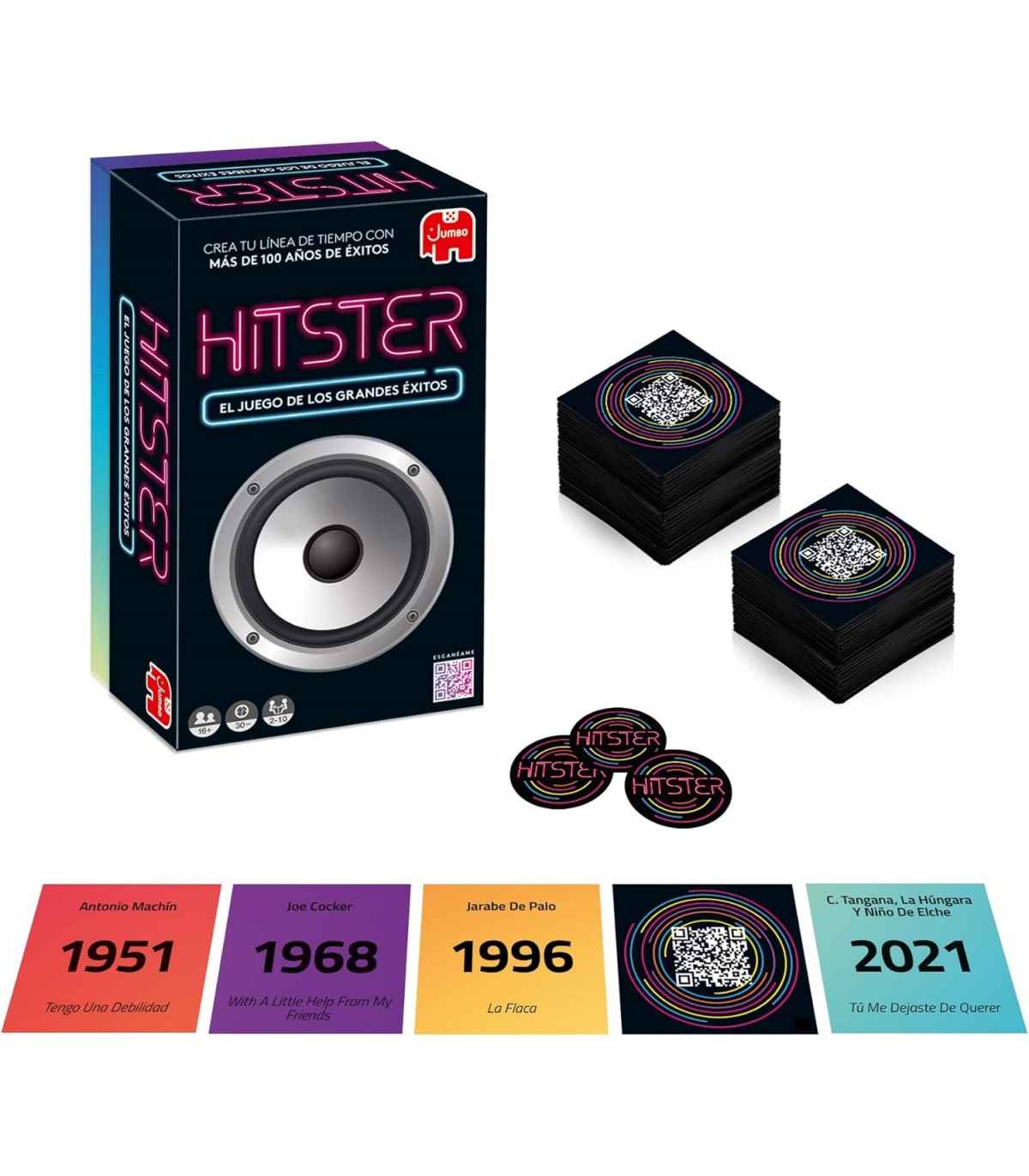 Juego de cartas y fichas de Hitster con años musicales desde 1951 hasta 2021 y códigos QR multicolores