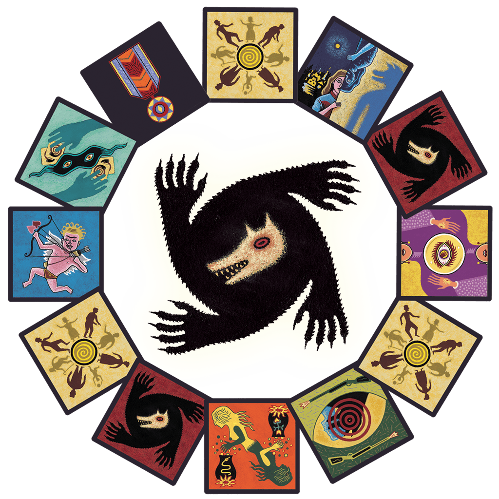 Ilustración cartas roles juego Hombres Lobo de Castronegro sobre fondo blanco