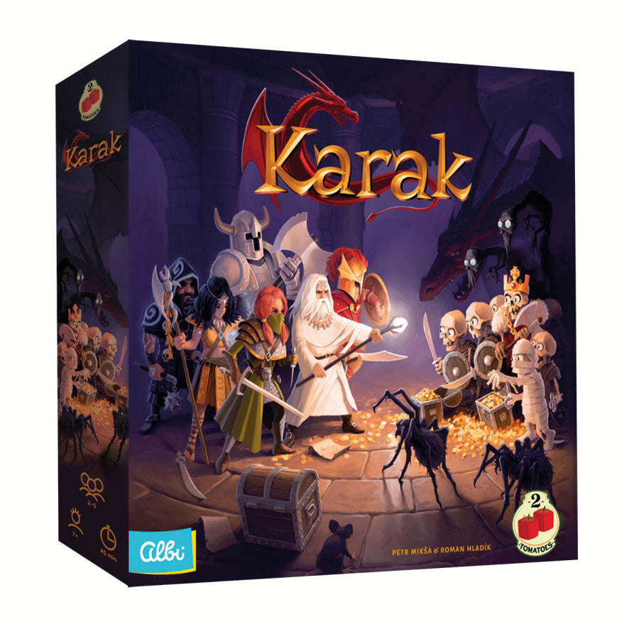 Caja del juego de mesa Karak con arte de fantasía oscura y héroes contra monstruos