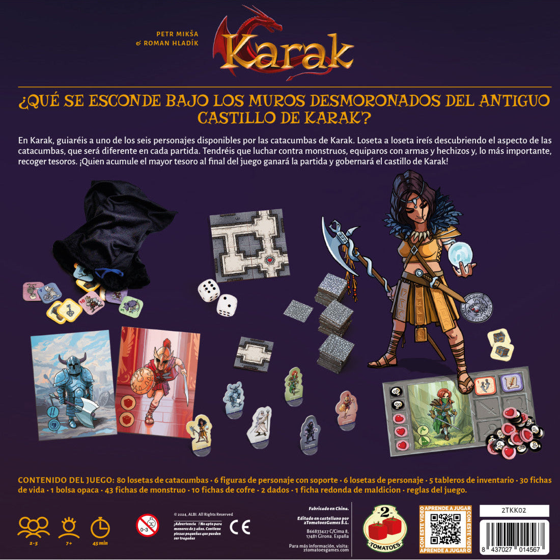 Contenido del juego de mesa Karak: losetas, miniaturas, dados y accesorios incluidos