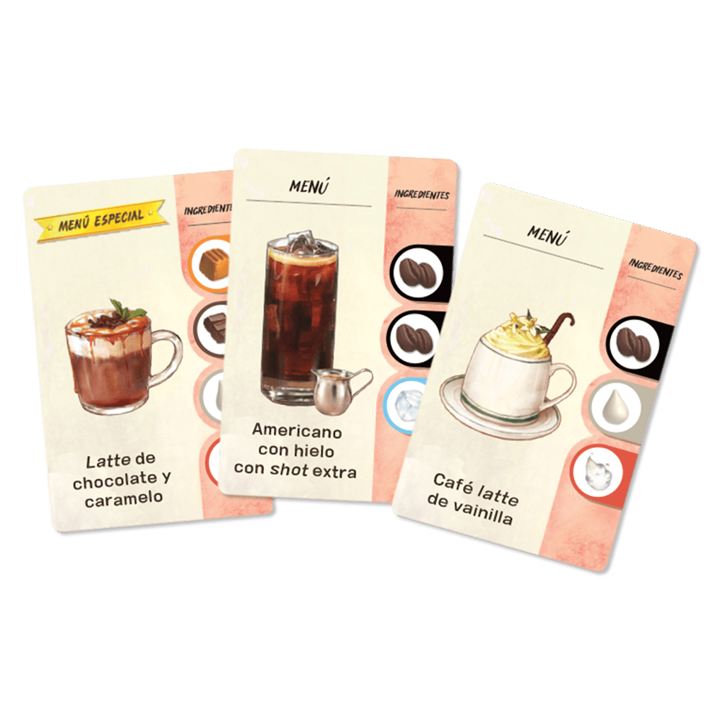 Cartas de menú de bebida Coffee Rush mostrando latte y americano