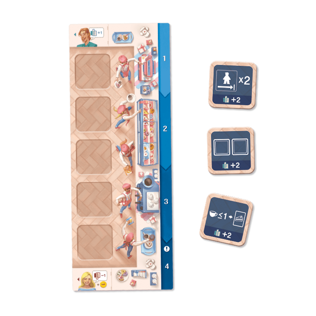 Tablero de juego Coffee Rush con huecos numerados para gestión de pedidos