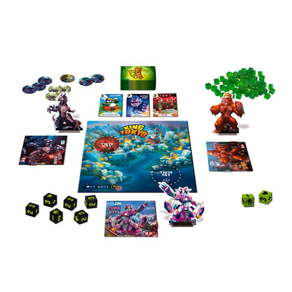 King of Tokyo juego de mesa con tablero, dados y figuras de monstruos