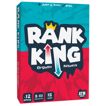 Caja del juego de cartas party Rank King para 3-10 jugadores, diseño turquesa y rojo con corona