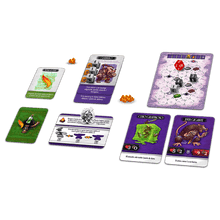 Componentes del juego de mesa La venganza de los Siete Enanos con miniatura, cartas y tablero