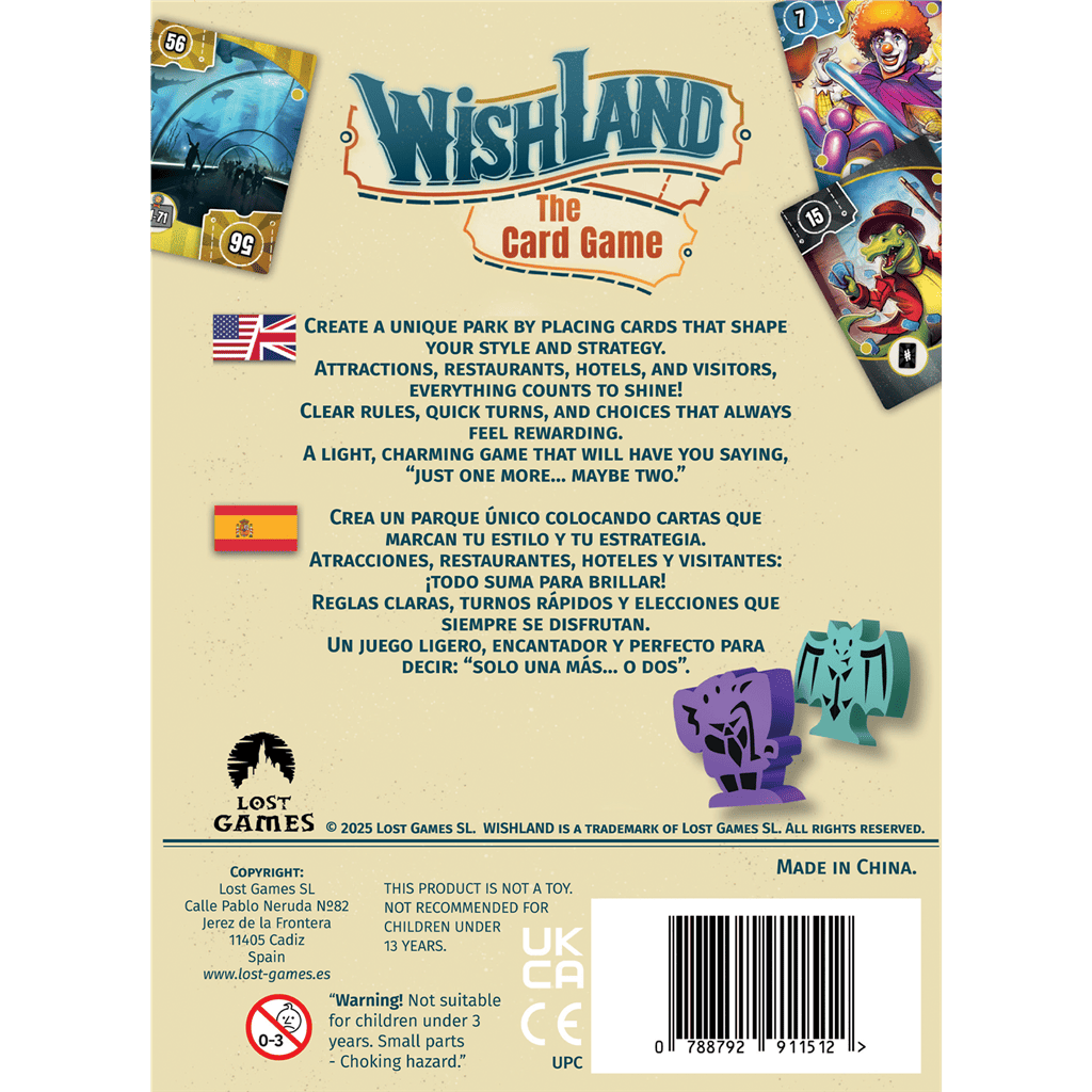 Reverso caja Wishland juego de cartas con fichas murciélago y dragón