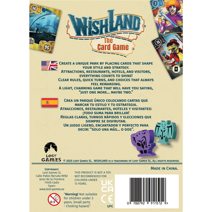 Reverso caja Wishland juego de cartas con fichas murciélago y dragón