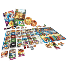 Wishland Big Box juego de mesa desplegado con tablero, monedas y meeples
