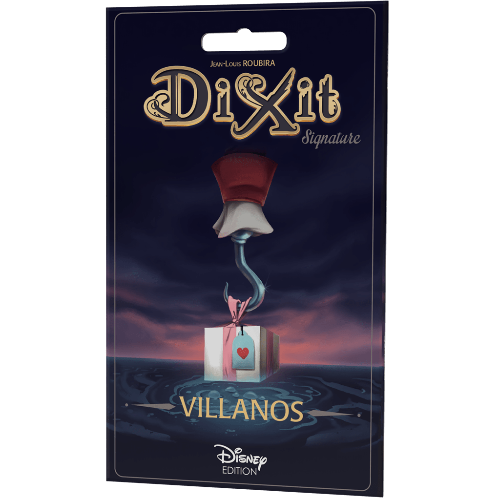 Portada frontal Dixit Signature Villanos logo dorado ilustración gancho