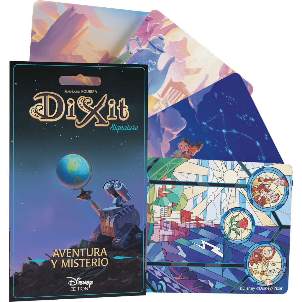 Expansión Dixit Aventura y Misterio mostrando cartas ilustradas Disney Pixar