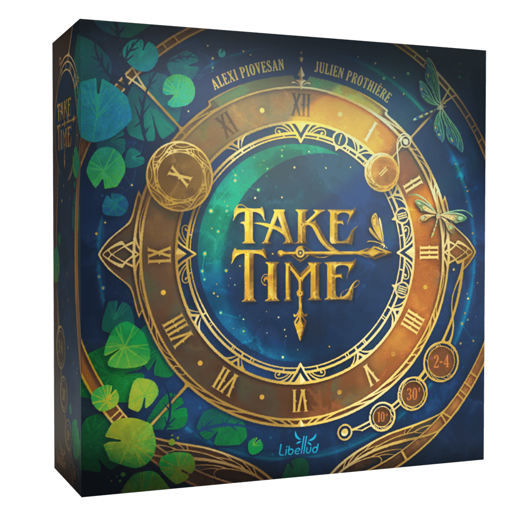 Caja del juego Take Time diseño azul y verde con reloj central y logotipo Libellud